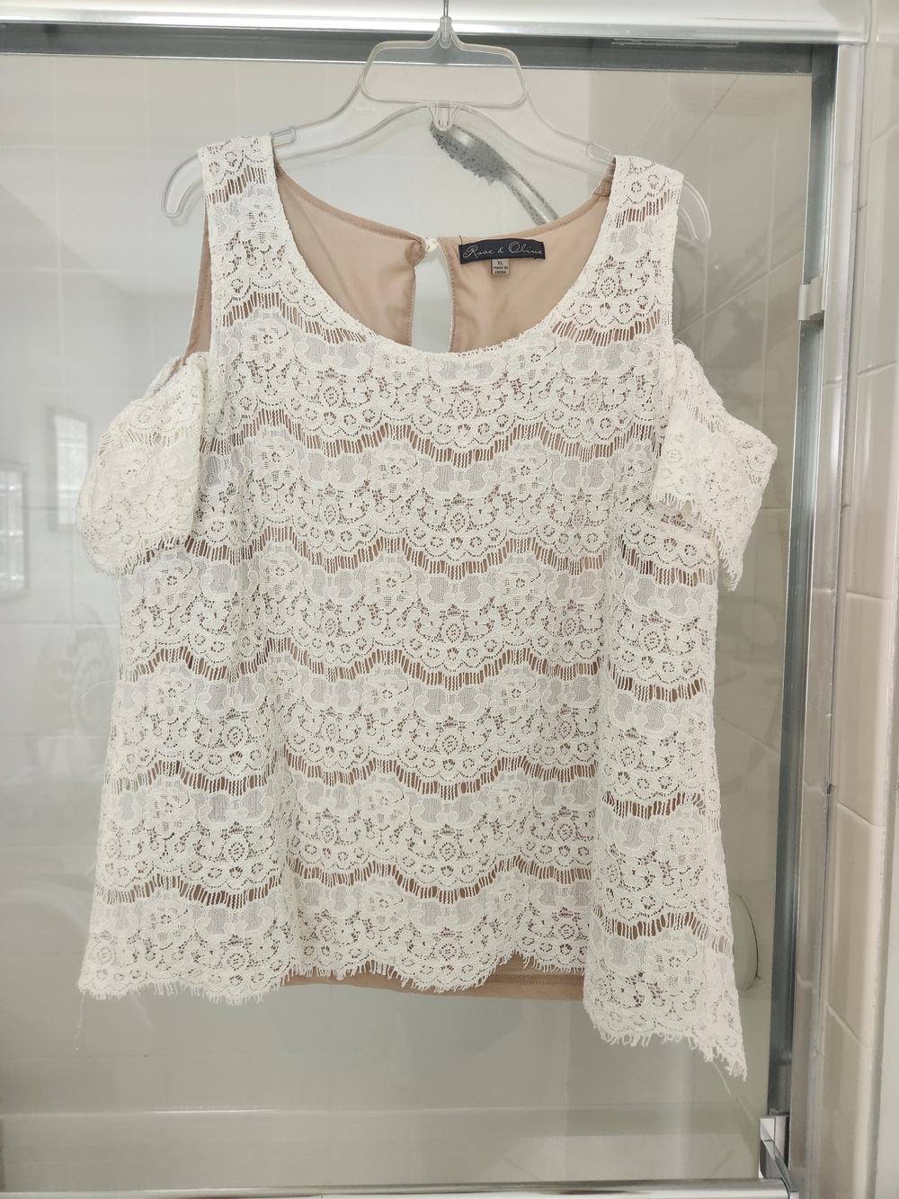 Rose & Olive White Lace Cold-Shoulder Blouse with Nude Lining
